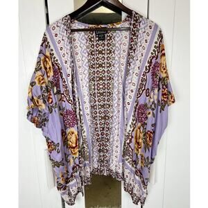 Angie Purple Floral Printed Boho‎ Open Front Draped Kimono Cardigan Size Large